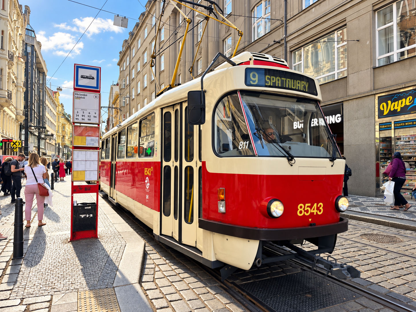 Prager Straßenbahn am Wenzelsplatz Klassische rot-weiße Tatra-Straßenbahn am Wenzelsplatz in Prag